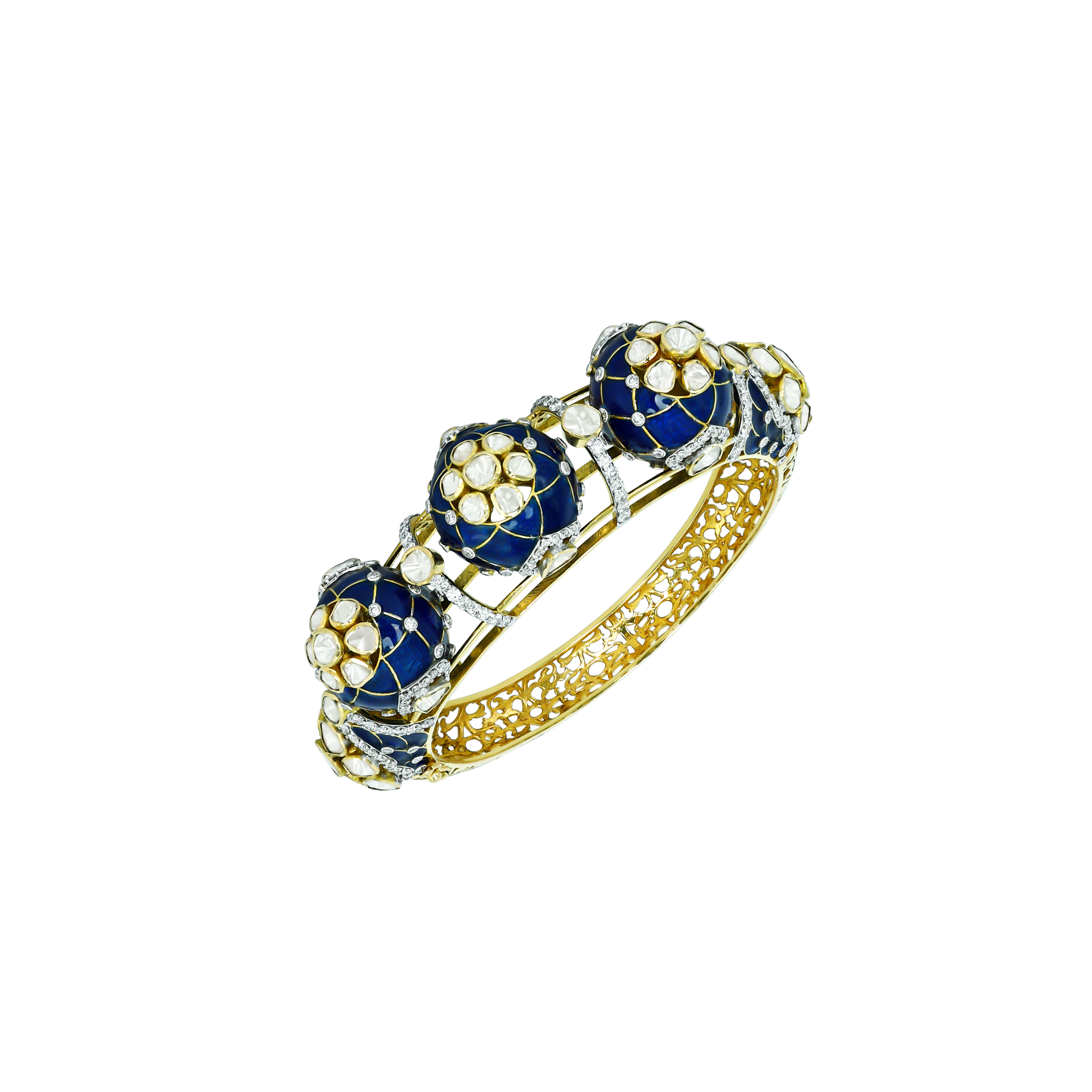 Dome Polki Bangle with Deep Blue Enamel and Lattice Sides